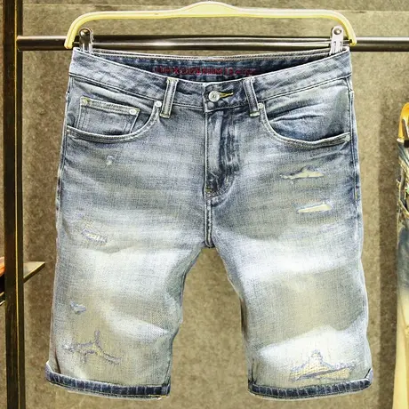 潮牌痞帅乞丐裤复古水洗破洞牛仔短裤男士薄款裤子美式休闲五分裤图片