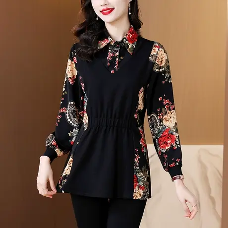 假两件雪纺衬衫女长袖新款春秋装大码宽松显瘦中年妈妈遮肚子上衣图片