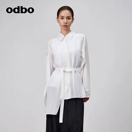 odbo/欧迪比欧时尚气质荷叶边拼接长袖白色衬衫女夏季不规则衬衣图片