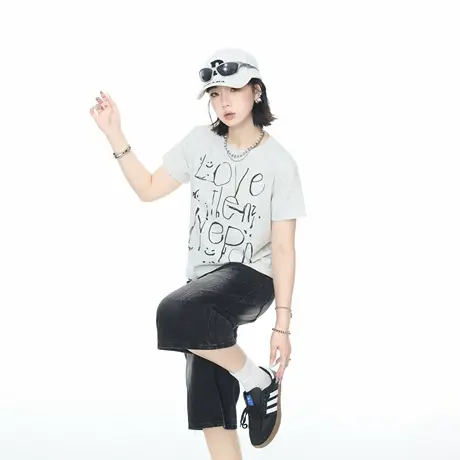 2025夏季新款正肩字母印花短款短袖T恤女美式ins辣妹风半袖上衣图片