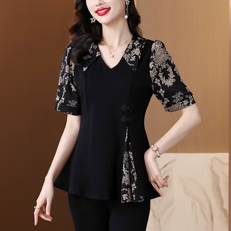 时尚雪纺衬衫女短袖2025夏装新款大码显瘦遮肚子妈妈洋气减龄上衣商品大图