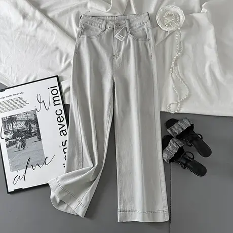 韩国高级灰弹力牛仔裤女2025春夏新款修身百搭窄版宽松直筒裤子潮商品大图