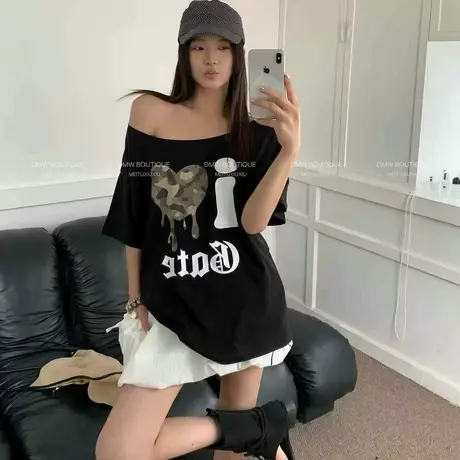 韩版2025夏季新款时尚百搭露肩大圆领字母爱心印花短袖上衣T恤女商品大图