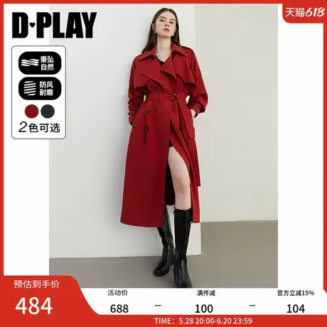 DPLAY2025年春季新款气质红色风衣女翻领双排扣中长款宽松外套图片