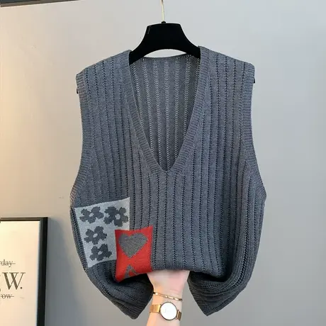 春季新款文艺范V领提花无袖针织马甲女背心休闲百搭撞色坎肩上衣商品大图