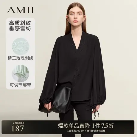 Amii2025春新款V领字母玫瑰刺绣雪纺衫女绑带灯笼袖宽松国风上衣商品大图