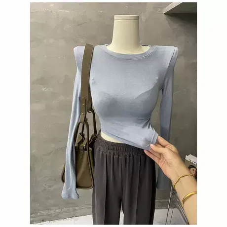 温柔纯欲～微透露腰长袖T恤女弧形下摆短款修身打底衫圆领上衣新商品大图