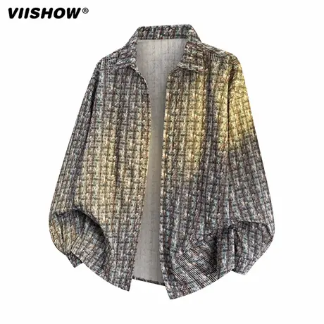 VIISHOW美式复古扎染格子长袖衬衫男生秋季2025新款情侣衬衣外套商品大图