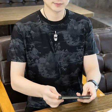 港风冰丝t恤男夏季薄款修身中国风印花短袖上衣潮流个性半袖体恤图片