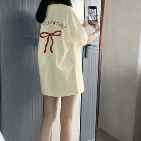 杏色短袖t恤女2025新款潮牌蝴蝶结宽松韩版正肩半袖夏季甜美上衣图片