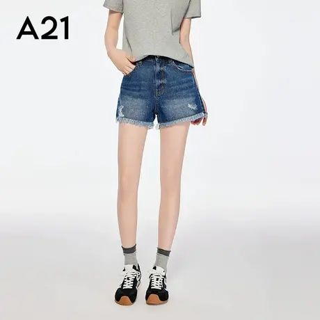 A21女装水洗做旧磨破毛边牛仔短裤2025夏季新款简约宽松直筒裤子商品大图