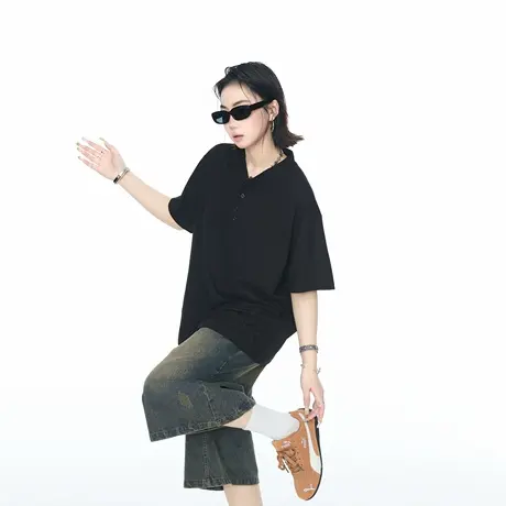 美式复古小立领短袖t恤男女夏季新款正肩POLO衫宽松上衣Cleanfit图片