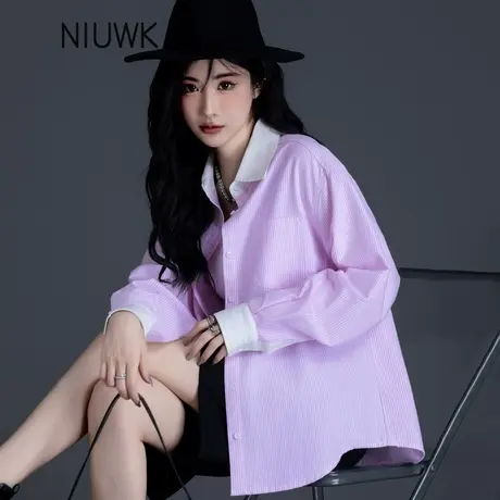 清仓粉色条纹衬衫女2025春夏新款薄款法式独特设计感宽松小衫上衣商品大图