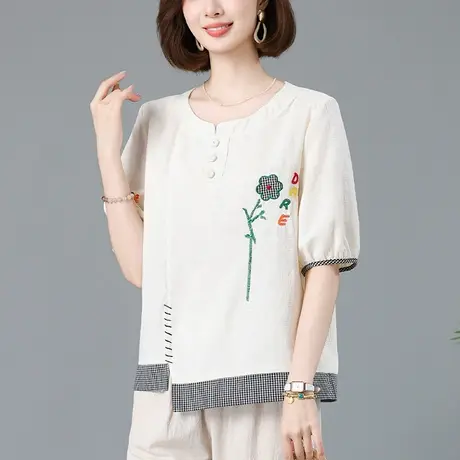 短袖t恤女夏季新款加大码女装宽松中年妈妈纯棉文艺刺绣显瘦体恤图片