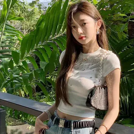 欧货闪闪烫钻螺纹短袖圆领正肩T恤女2025夏季辣妹风短款露脐上衣商品大图