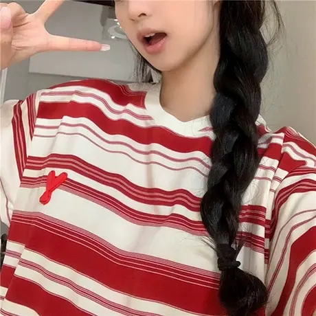 美式复古红色条纹短袖t恤女夏季宽松oversize气质休闲百搭上衣潮图片