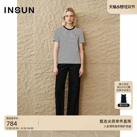 INSUN恩裳2025春季圆领条纹针织T恤商品大图