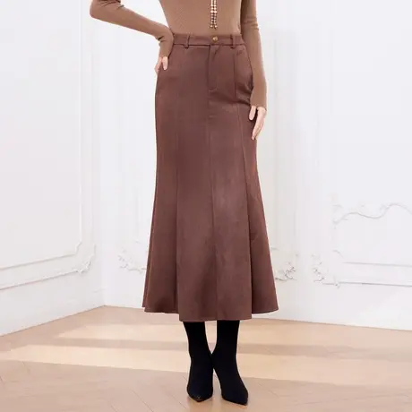 希区瑞普百搭减龄洋气设计感梨型身材鱼尾鹿皮绒中长包臀半身裙商品大图