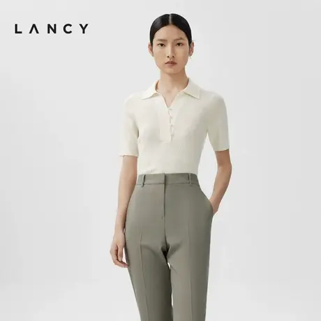 LANCY/朗姿2024春季新款白色短袖POLO领羊毛针织衫女简约百搭T恤图片