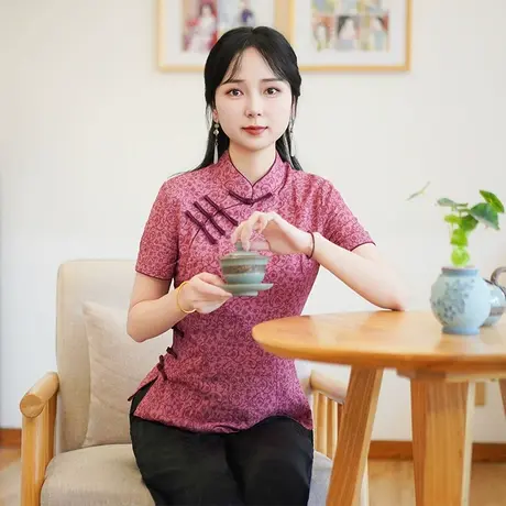 筠雅夏季新款中式复古改良新中式唐装上衣有色斜襟短袖女装35J129商品大图