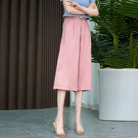 粉色时尚休闲天丝亚麻裤女2025夏季新款显瘦七分阔腿裤窄版直筒裤商品大图