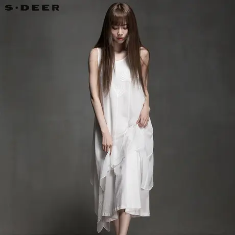 s.deer【新品】圣迪奥女装夏装愫白唯美贴花雪纺连衣裙S15281233商品大图