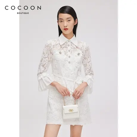 COCOON商场同款气质POLO领连衣裙女春2023新款长袖收腰显瘦蕾丝裙商品大图