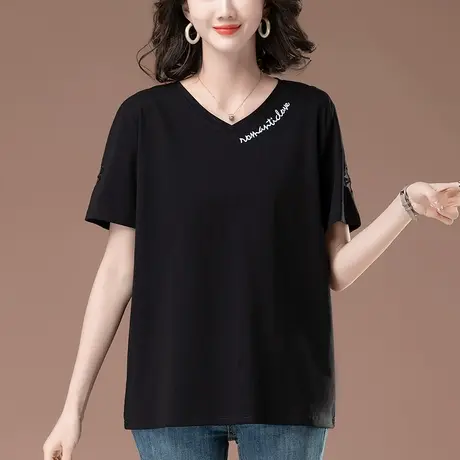 中老年妈妈纯棉短袖T恤女夏季宽松加肥加大码女装休闲v领显瘦体恤图片