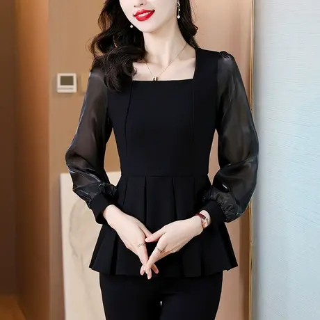 2025年春秋新款气质女神范高级感拼接长袖衬衫女上衣收腰显瘦小衫图片