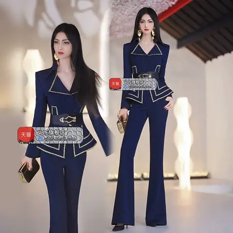VJE欧美裙摆西装喇叭裤两件套秋季洋气职业正装套装女商品大图