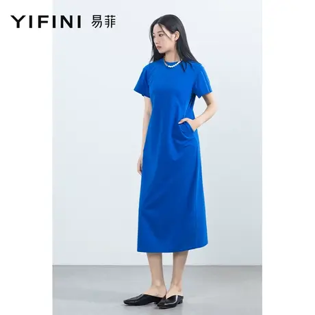 Yifini/易菲中长款短袖圆领纯色连衣裙女2023夏季新款简约通勤裙商品大图