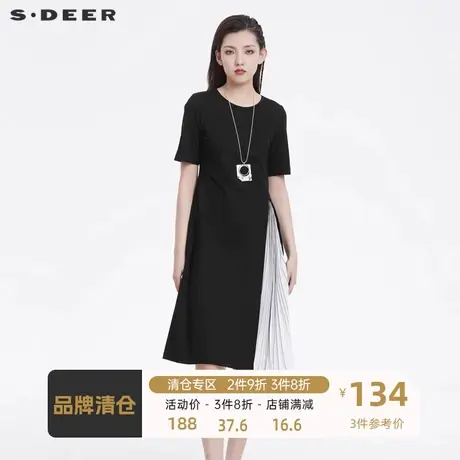 sdeer圣迪奥女装极简圆领创意开衩百褶拼接短袖连衣裙S19281220图片