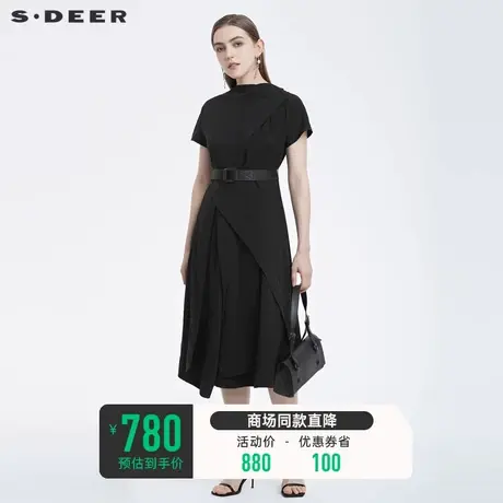 sdeer圣迪奥小黑裙女夏装连衣裙一字领收腰不规则长裙S22281239商品大图