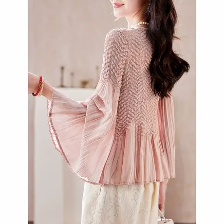 宝诗黎喇叭袖褶皱拼接雪纺衫2025春季气质设计感洋气百搭休闲女装图片