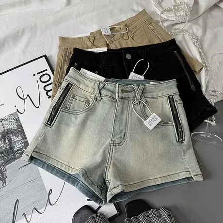 美式辣妹双拉链设计牛仔短裤女夏季高腰显瘦a字阔腿弹力热裤潮ins商品大图