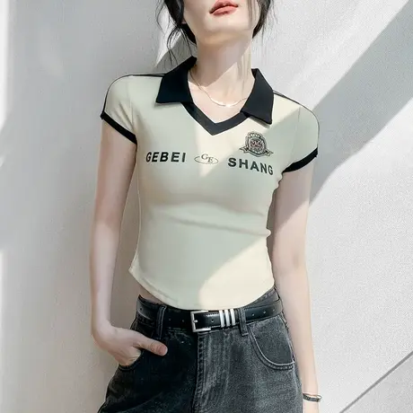美式polo衫字母印花短袖T恤女夏2025新款修身显瘦正肩海鸥领上衣图片