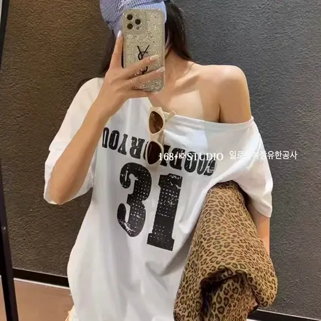 韩版2025夏季新款百搭数字字母印花宽松短袖休闲斜领T恤女上衣潮商品大图