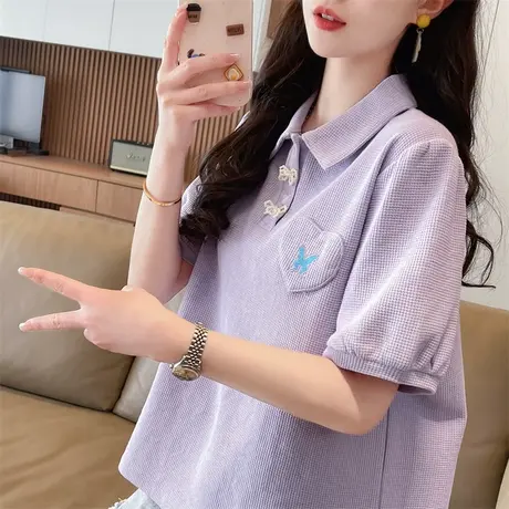 设计感小众polo领短袖t恤女夏季韩版宽松大码华夫格小个子上衣服图片