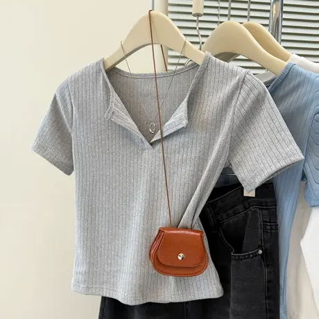 螺纹V领正肩短袖T恤女夏季修身韩版短款小个子设计感小众半袖上衣商品大图