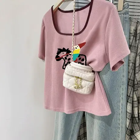 超火cec衣服夏日精致设计感上衣美式复古卡通趣味U领短袖T恤女ins图片