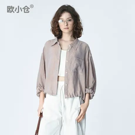 欧小仓 夏日清凉薄透亚麻衬衫长袖 轻奢高级感防晒短衬衣商品大图