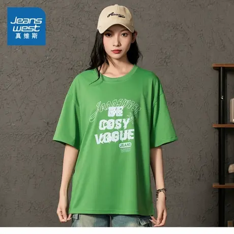 E8真维斯男女同款上衣2025夏季新款时尚印花休闲宽松圆领短袖T恤商品大图