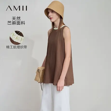 Amii2025夏新款拼接肌理织带圆领苎麻宽松吊带背心女A字型上衣商品大图