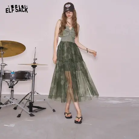 妖精的口袋迷彩网纱拼接吊带连衣裙女2025年夏季新款设计感长裙子商品大图