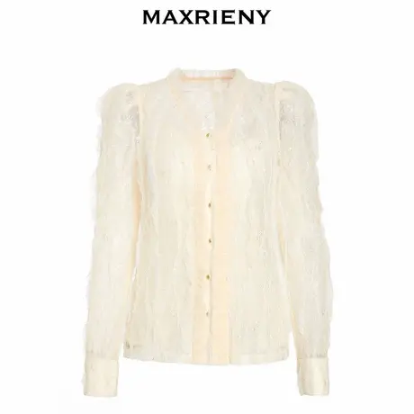 【奥莱】MAXRIENY白色蕾丝公主上衣女春款V领泡泡袖衬衫图片