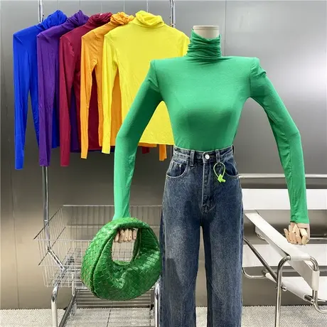 亮色薄款高弹力长袖内搭T恤2021新款气质百搭堆堆领套头修身上衣商品大图