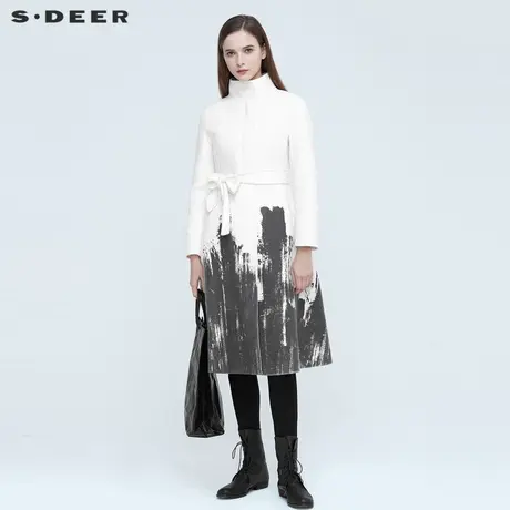sdeer圣迪奥冬季女装休闲立领水墨印花收腰长款毛呢大衣S20481846图片