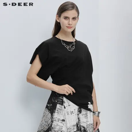 sdeer圣迪奥夏季女装不规则撞色印花黑色T恤潮S20280161图片