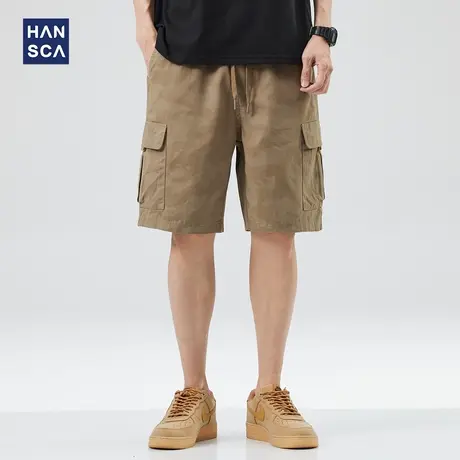 hansca纯棉休闲短裤男美式复古夏季新款潮牌迷彩大口袋工装五分裤商品大图