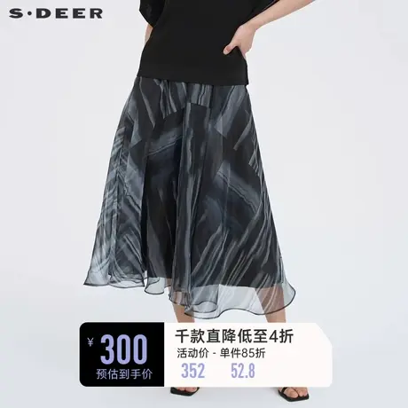 sdeer圣迪奥松紧撞色半身裙印花网纱裙子不规则长裙女夏S222Z1146图片